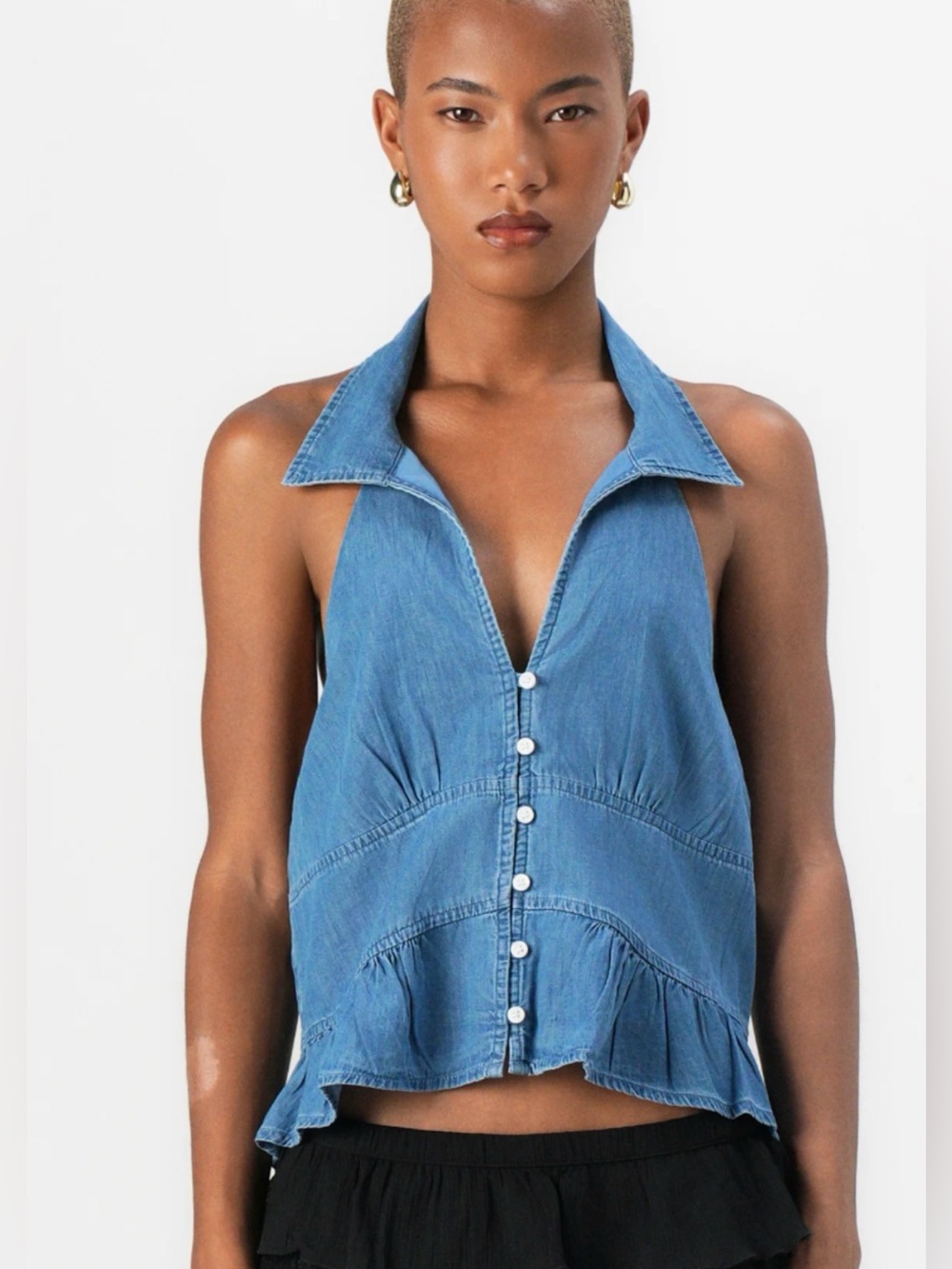 Hollister Blue Denim Halter Button-Front Top